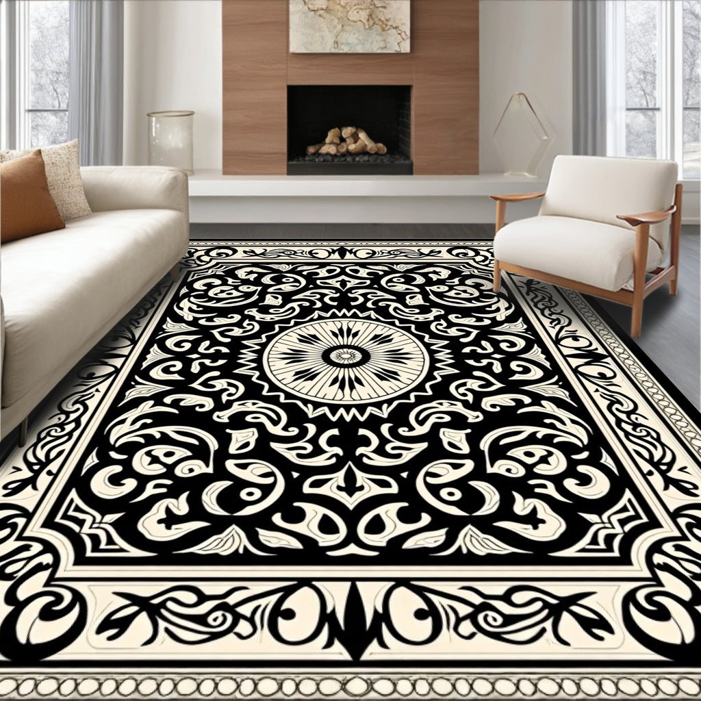 Black Cream Intricate Floral Medallion Rug