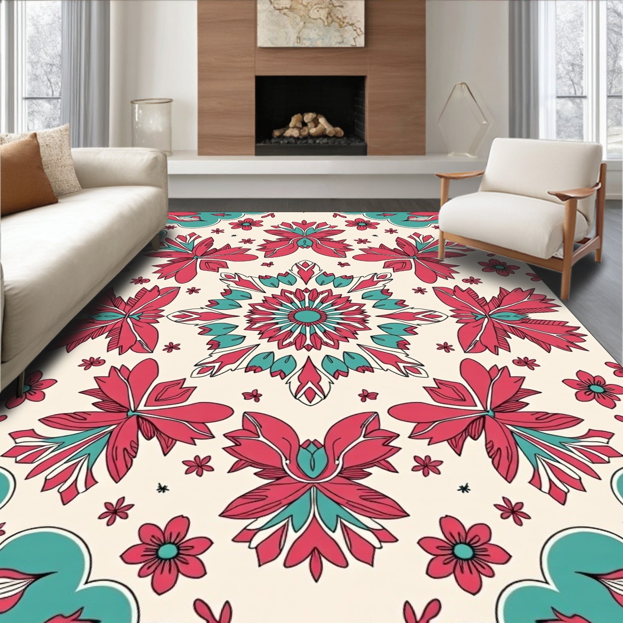 Radiant Floral Medallion Coral Teal Rug