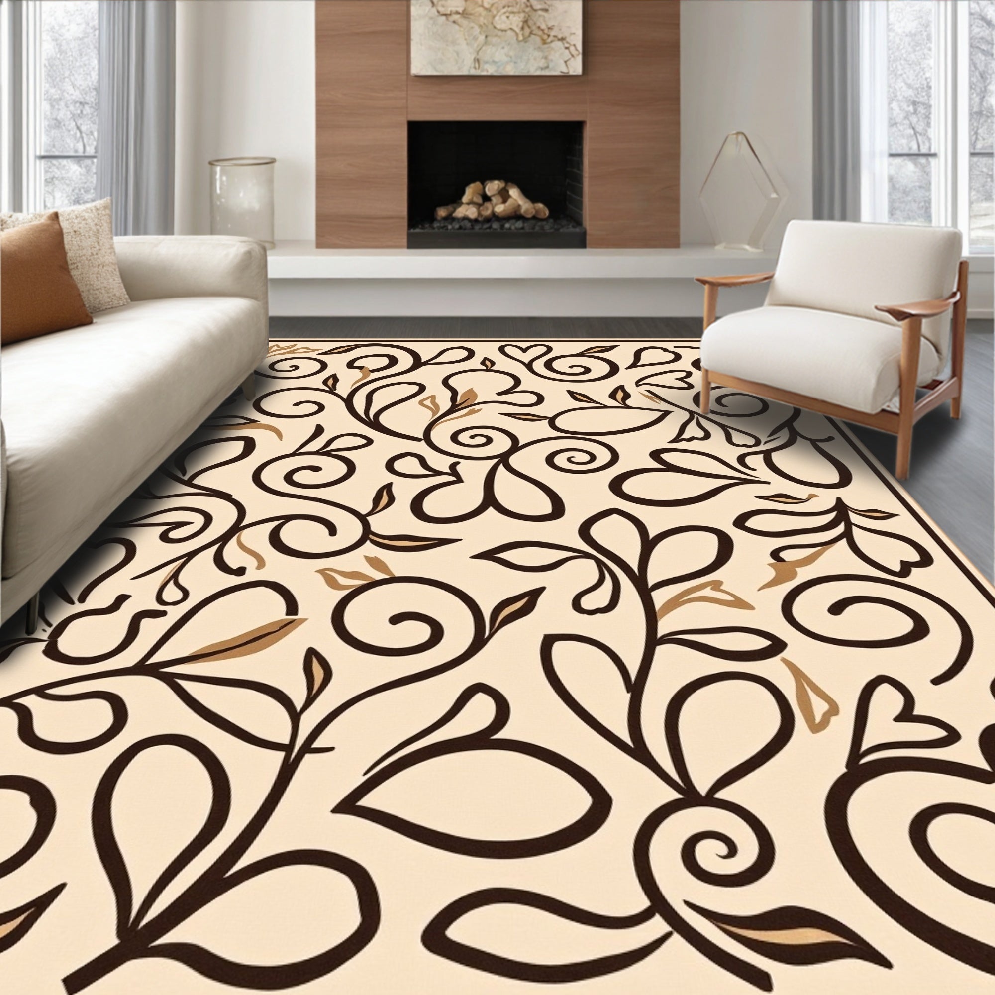 Elegant Brown Leaf Scroll Vine Design Rug