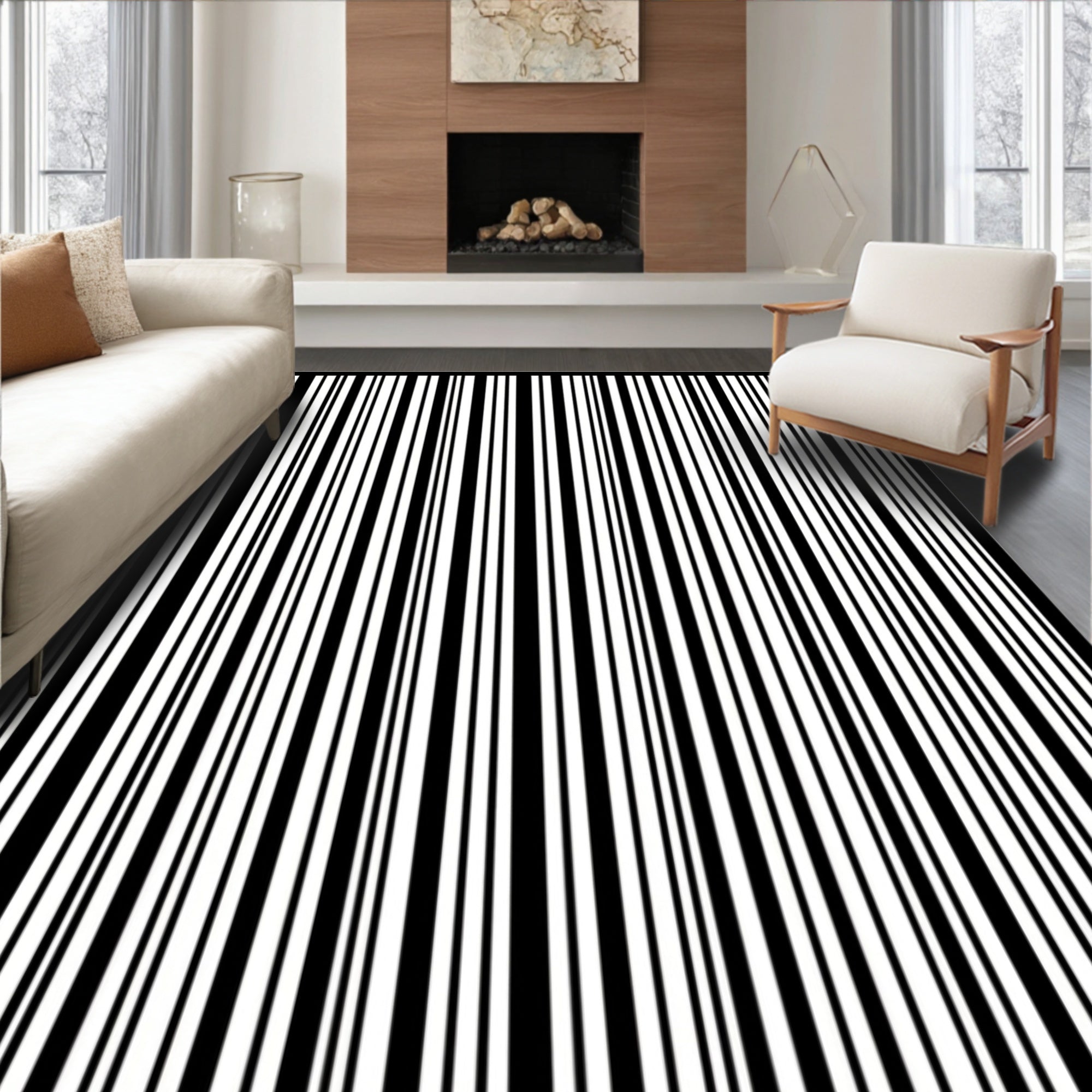 Black White Vertical Stripe Pattern Rug