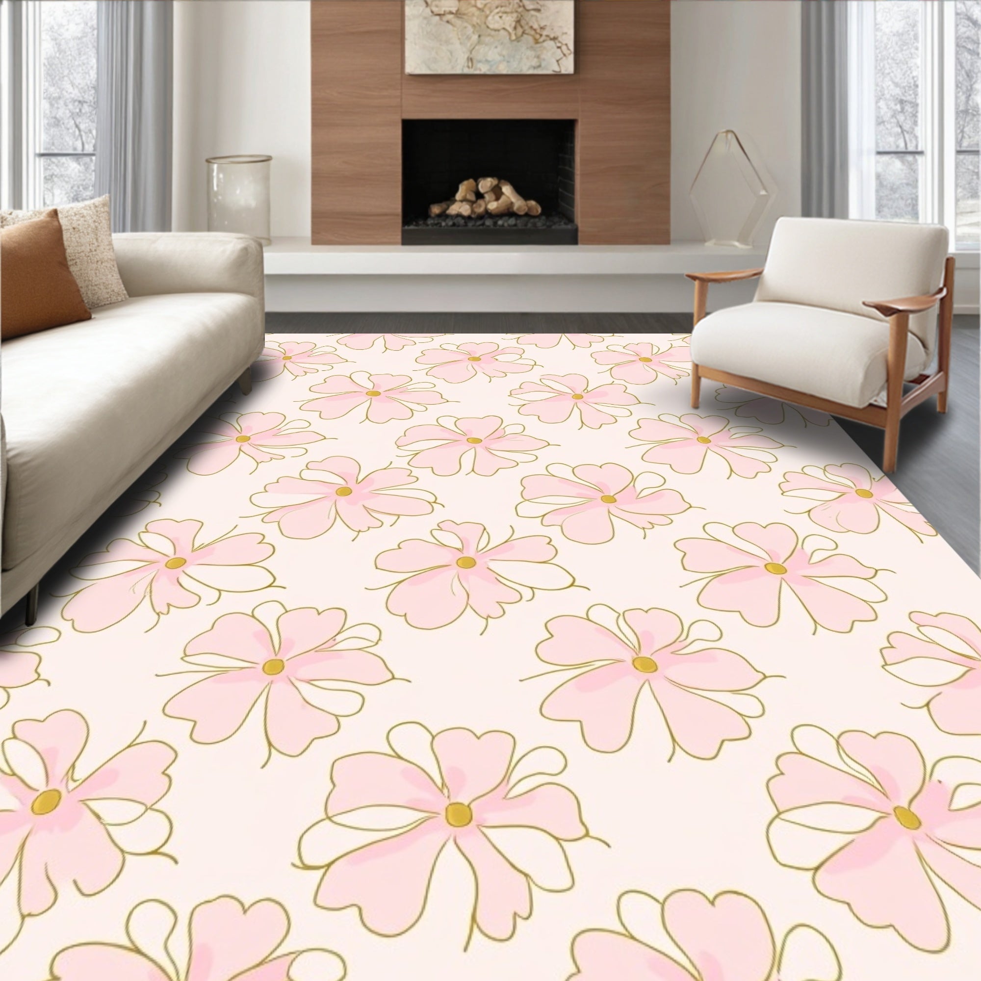 Delicate Pink Floral Pattern Design Rug