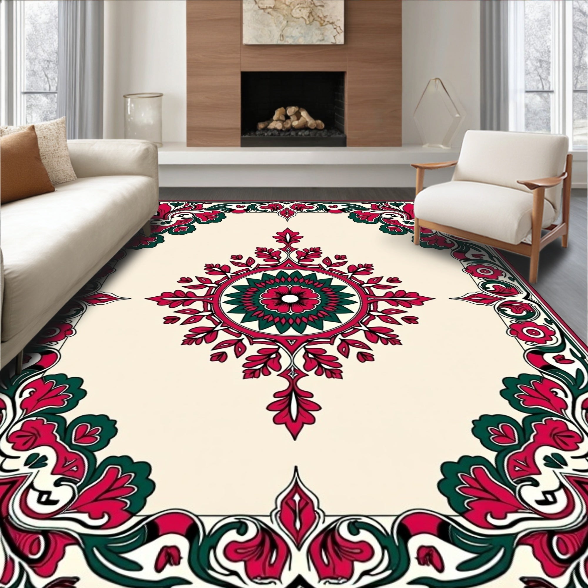 Intricate Floral Crimson Emerald Design Rug