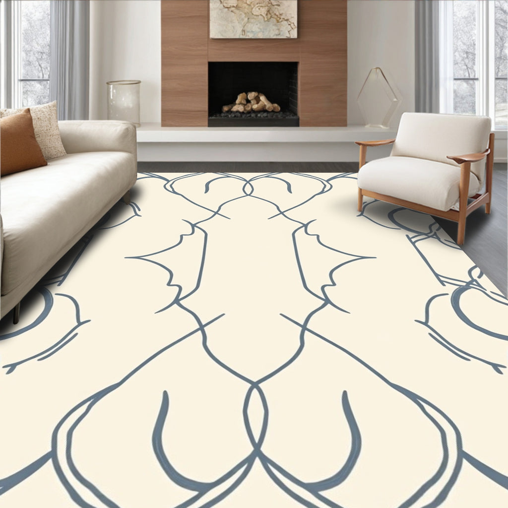 Cream And Blue Interlocking Pattern Rug