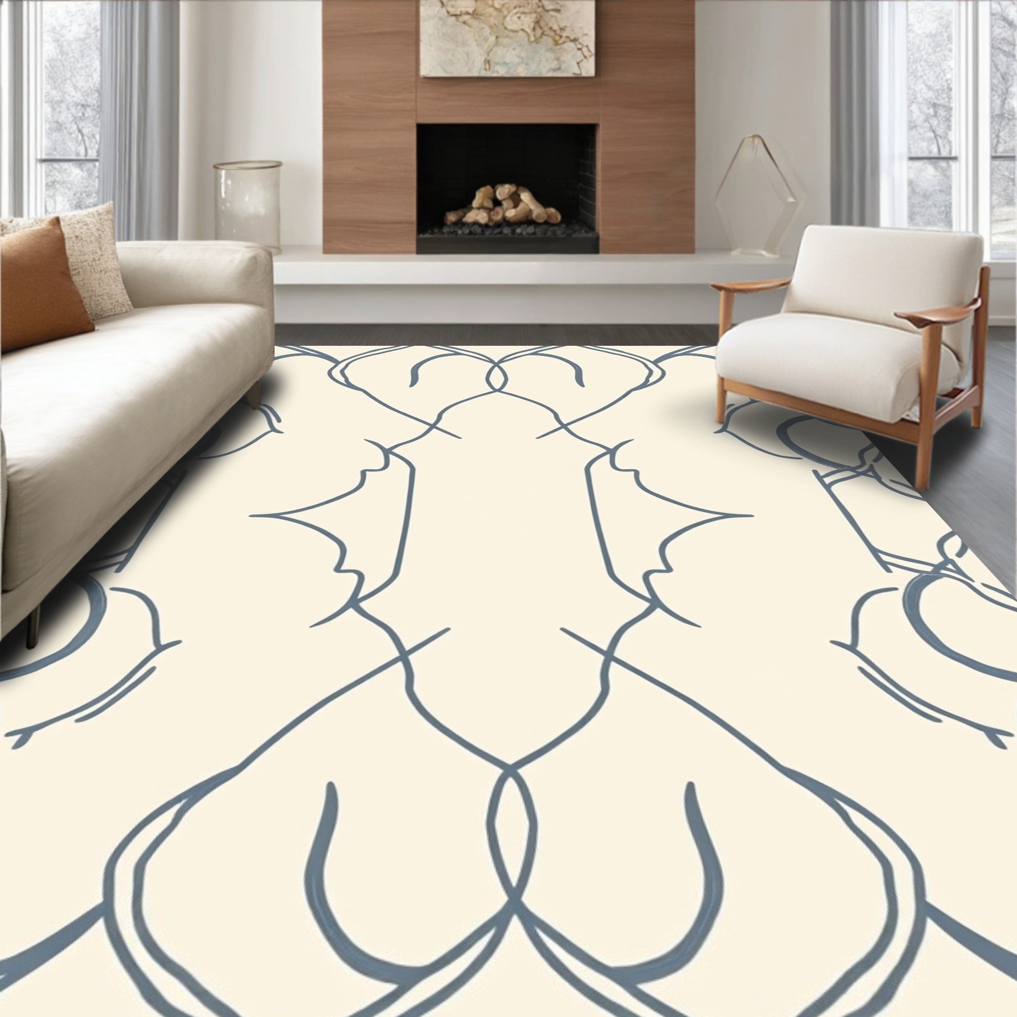 Cream And Blue Interlocking Pattern Rug