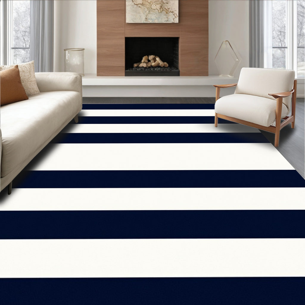 Classic Navy White Horizontal Stripes Rug