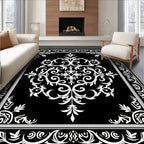 Classic Black White Floral Scrollwork Design Rug