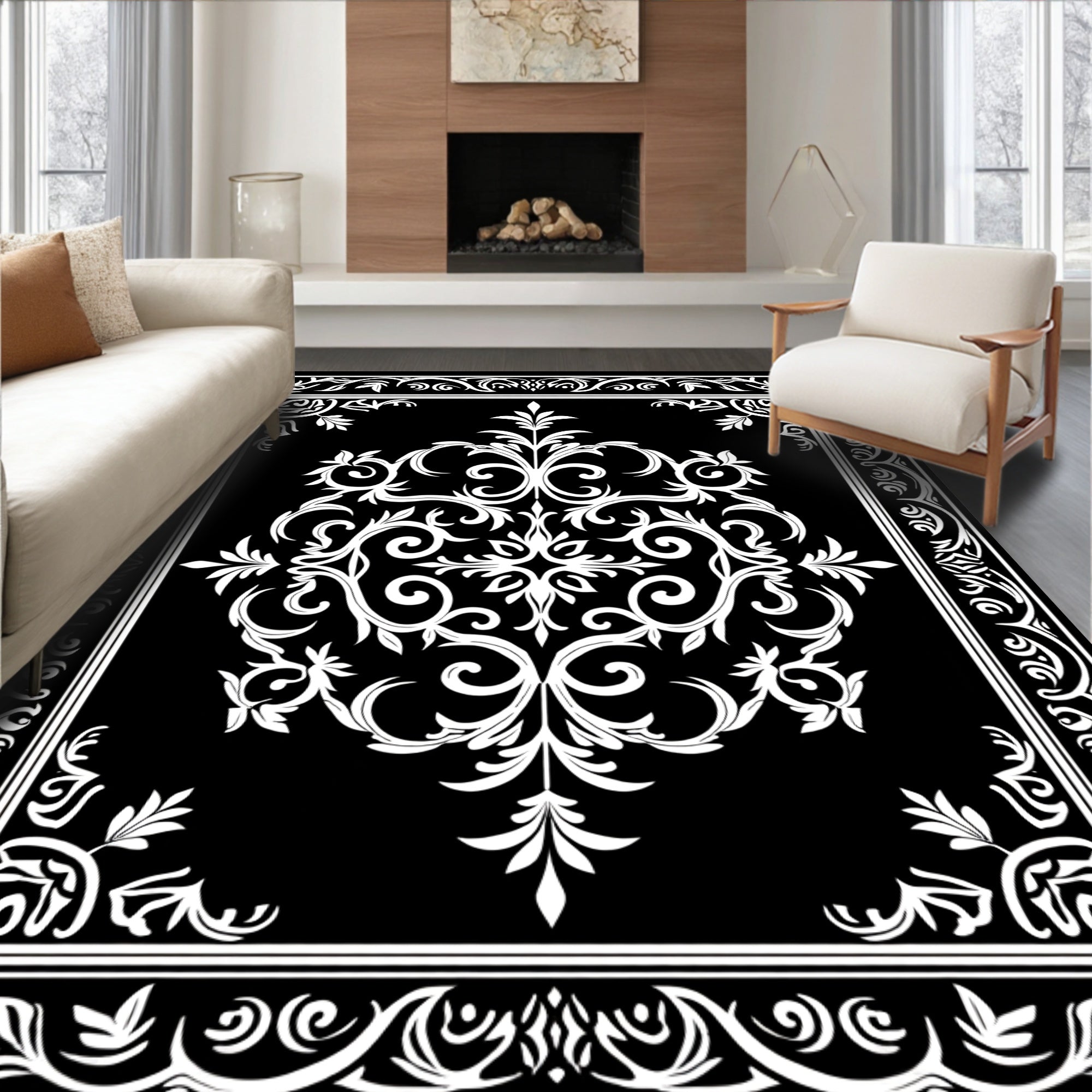 Classic Black White Floral Scrollwork Design Rug