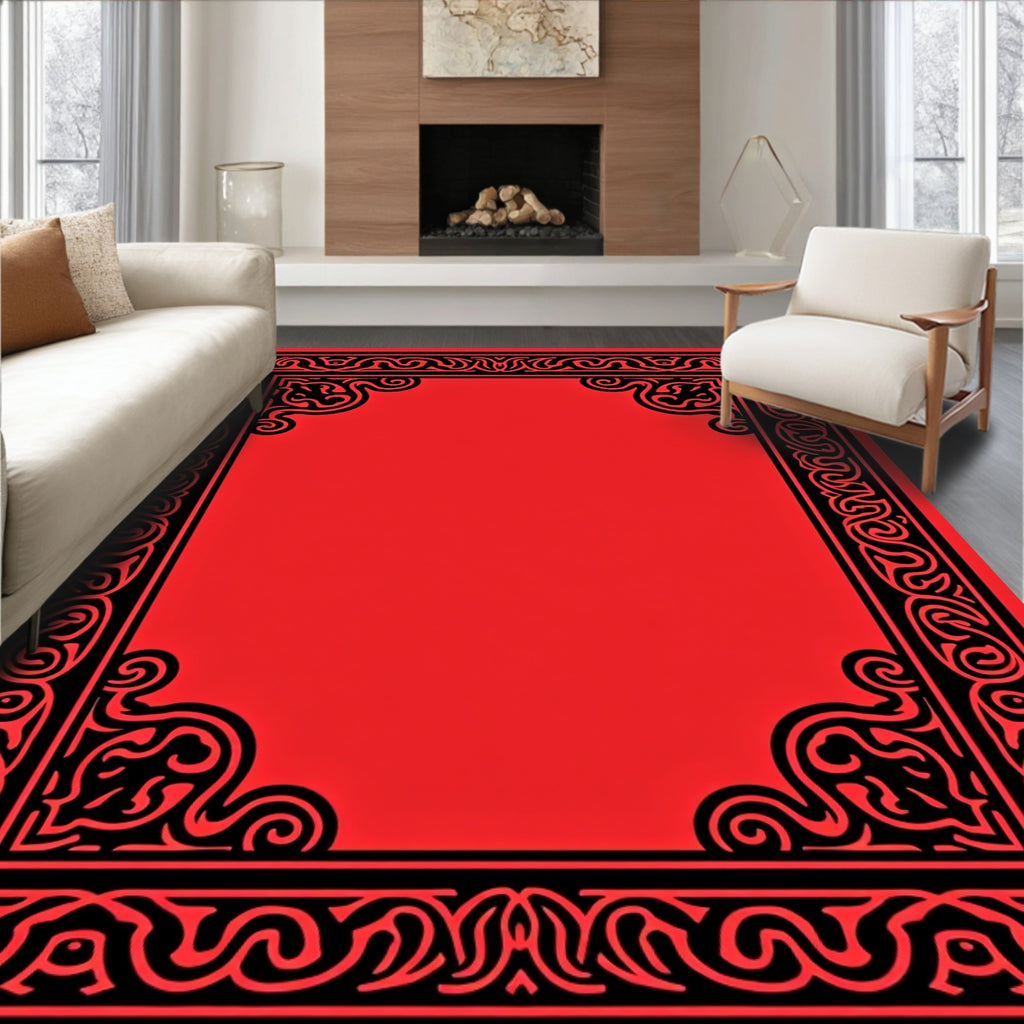 Black Red Ornate Scroll Border Design Rug