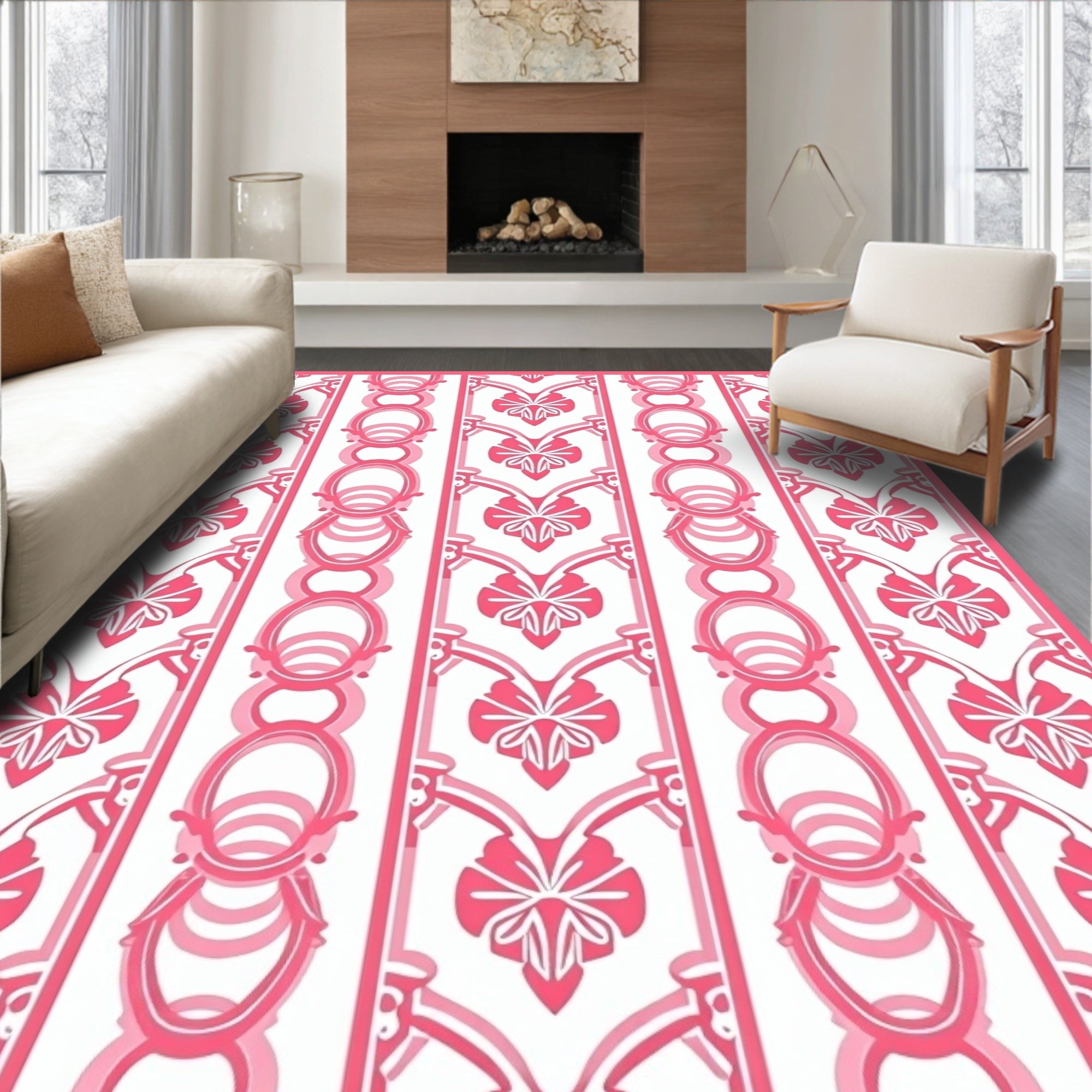 Pink Vertical Floral Oval Pattern Rug