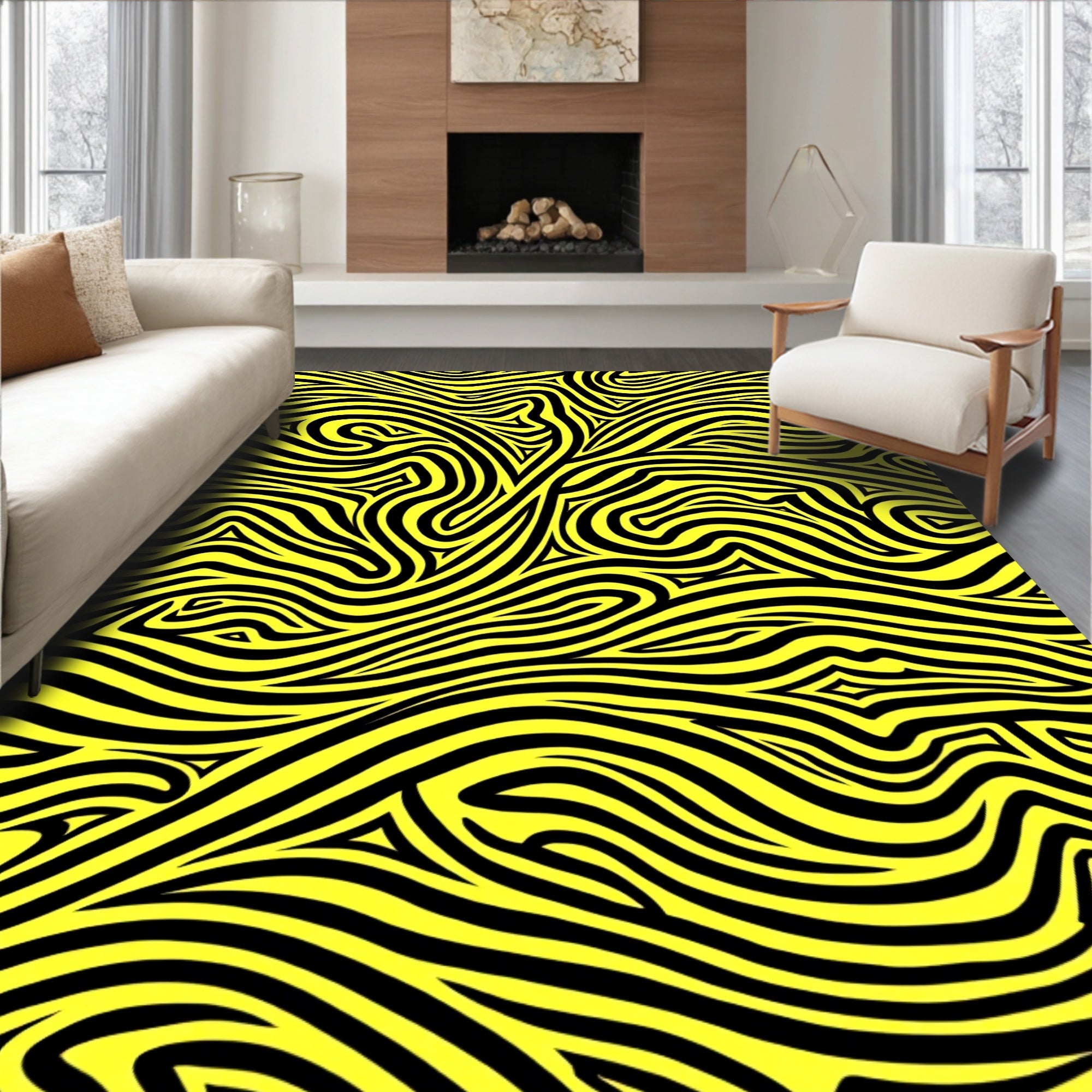Bold Yellow Black Wavy Lines Rug