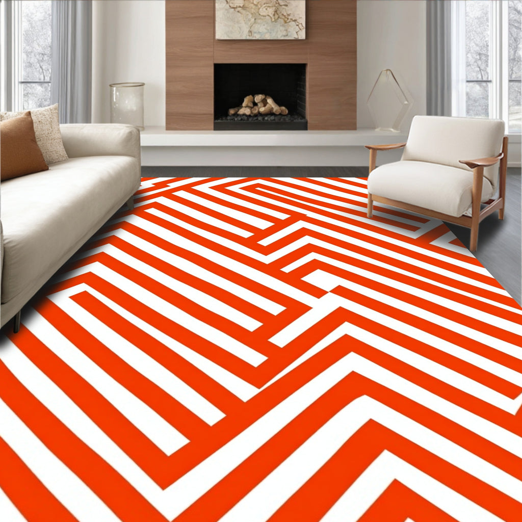 Orange White Geometric Maze Pattern Rug