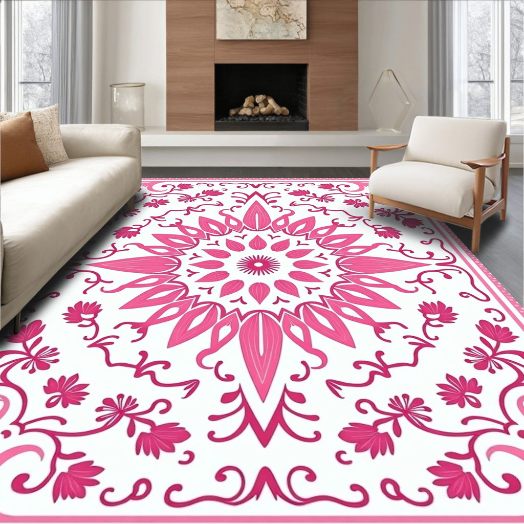Ornate Pink Floral Mandala Pattern Rug