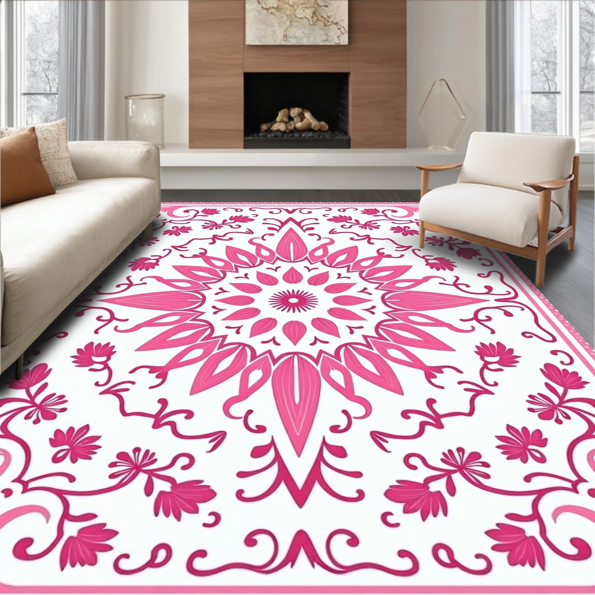 Ornate Pink Floral Mandala Pattern Rug