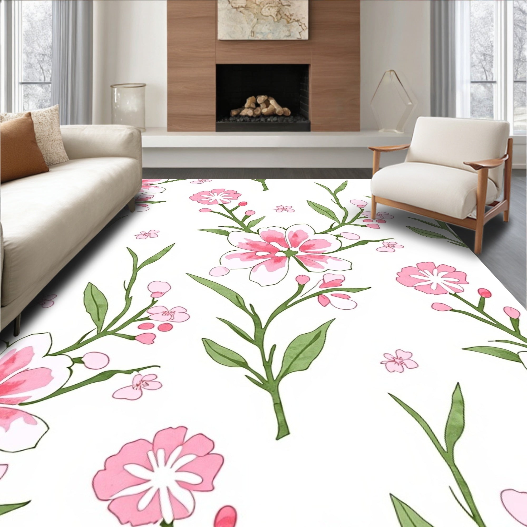 Pink Blooming Branch Watercolor Rug