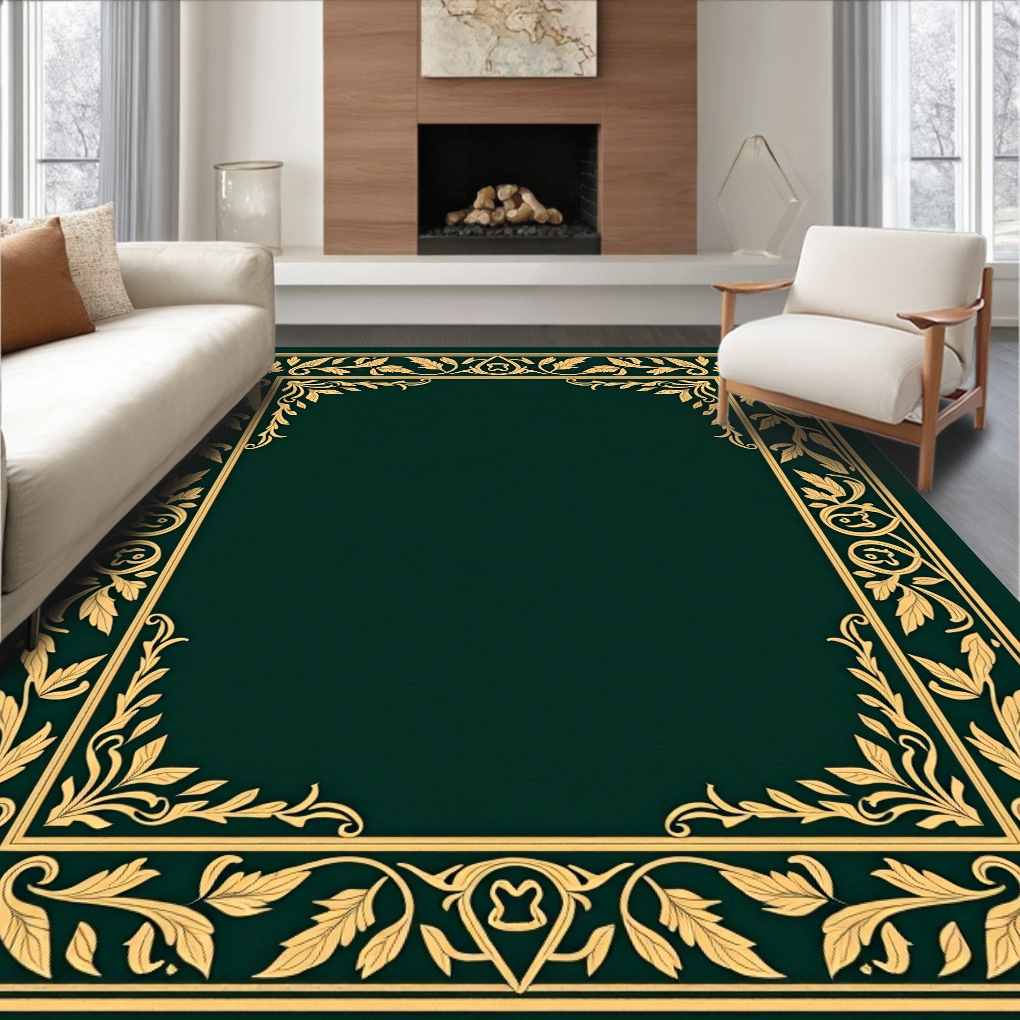 Ornate Gold Floral Border Rug