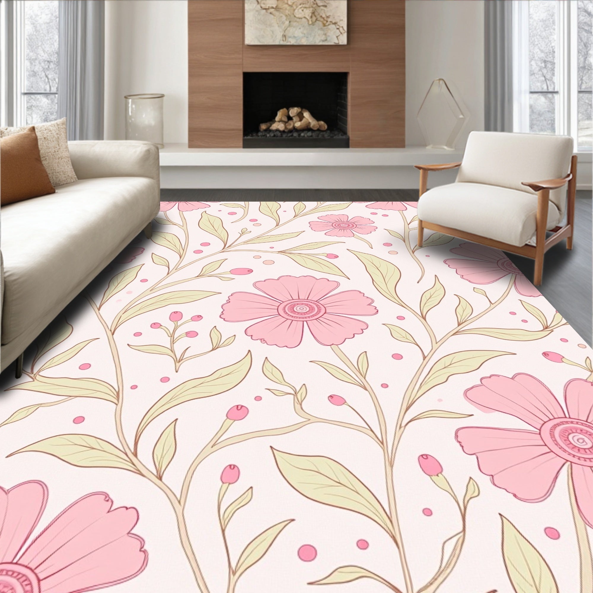 Pink Floral Vines Pattern Rug