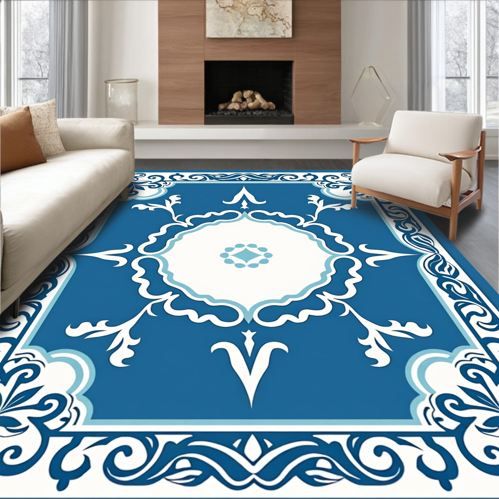 Classic Blue Floral Medallion Pattern Rug