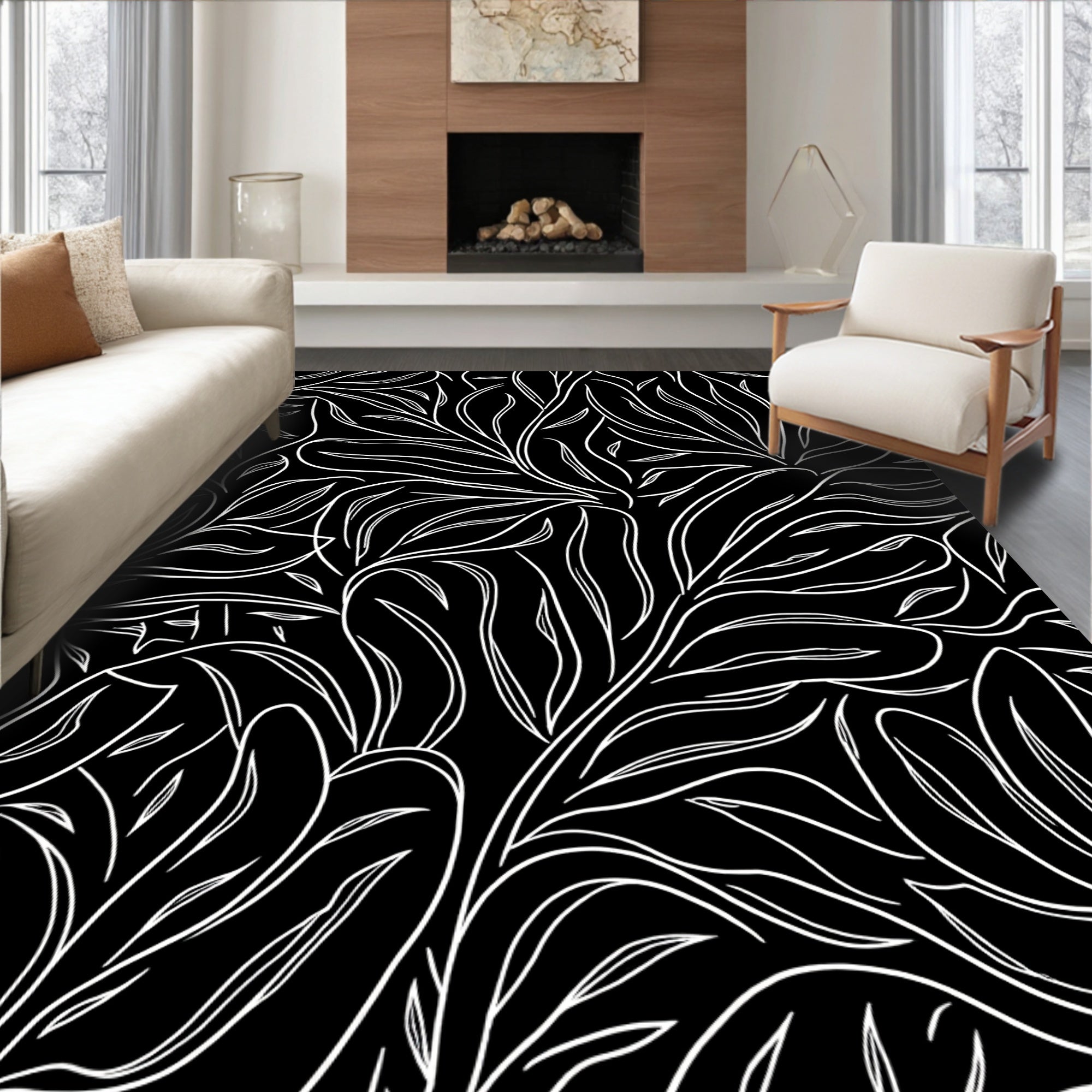 Monochromatic Botanical Abstract Pattern Rug