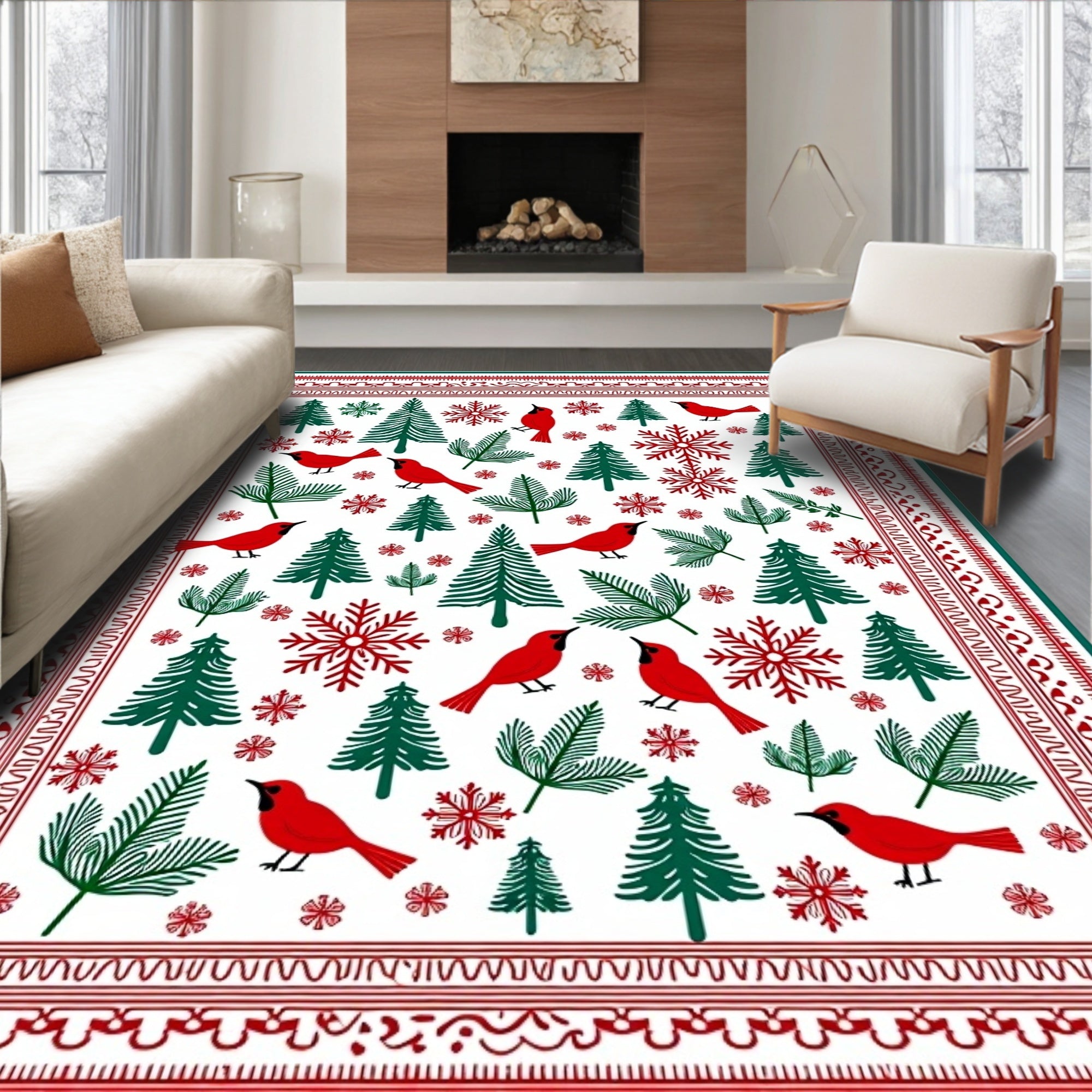 Red Cardinal Trees Snowflakes Border Rug