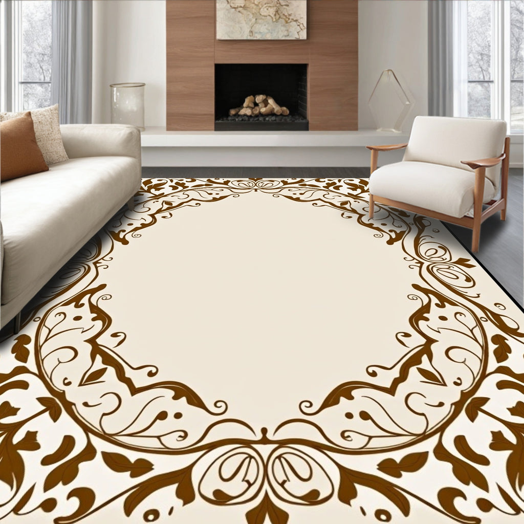 Ornate Brown Floral Scrollwork Design Rug