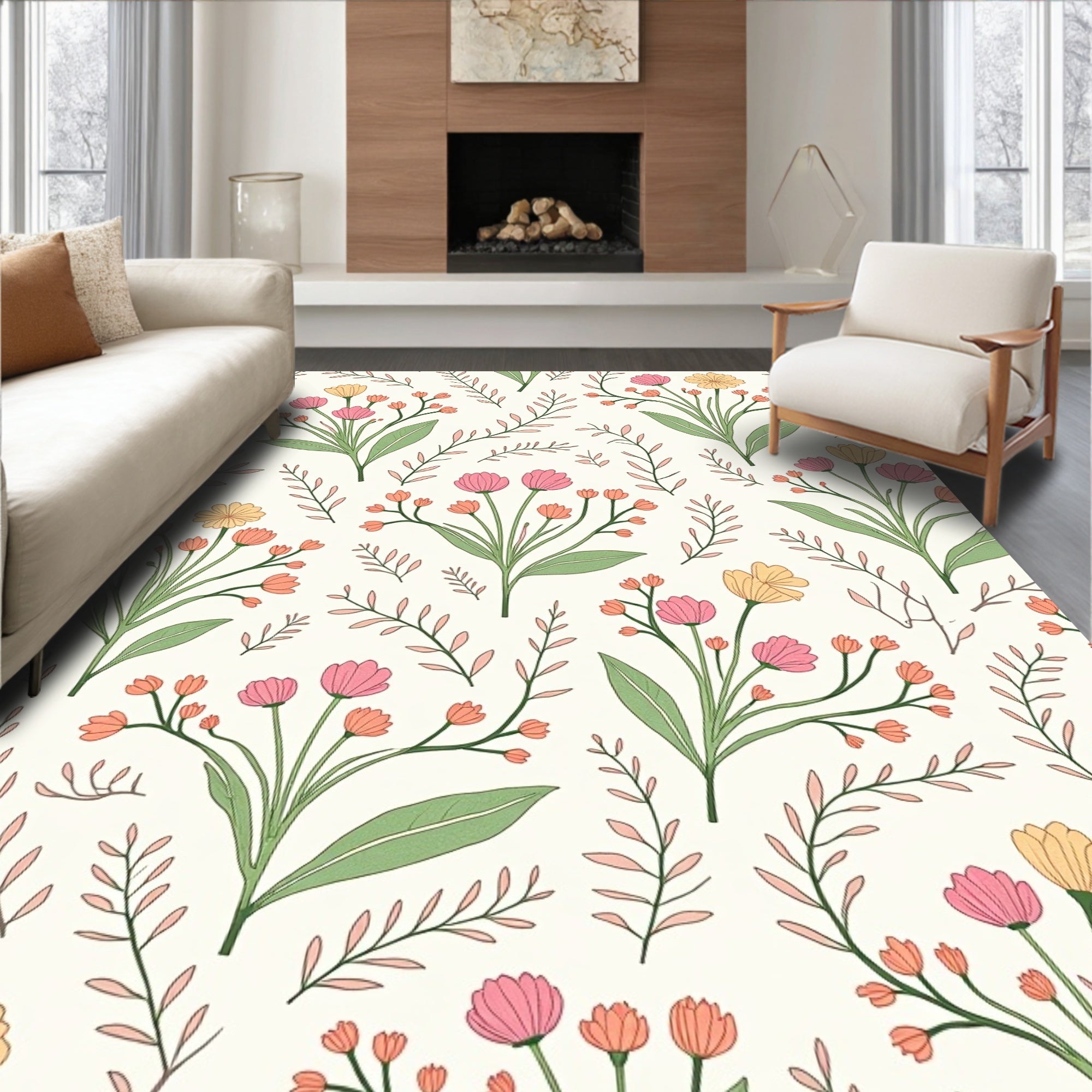 Delicate Floral Botanical Pattern Rug