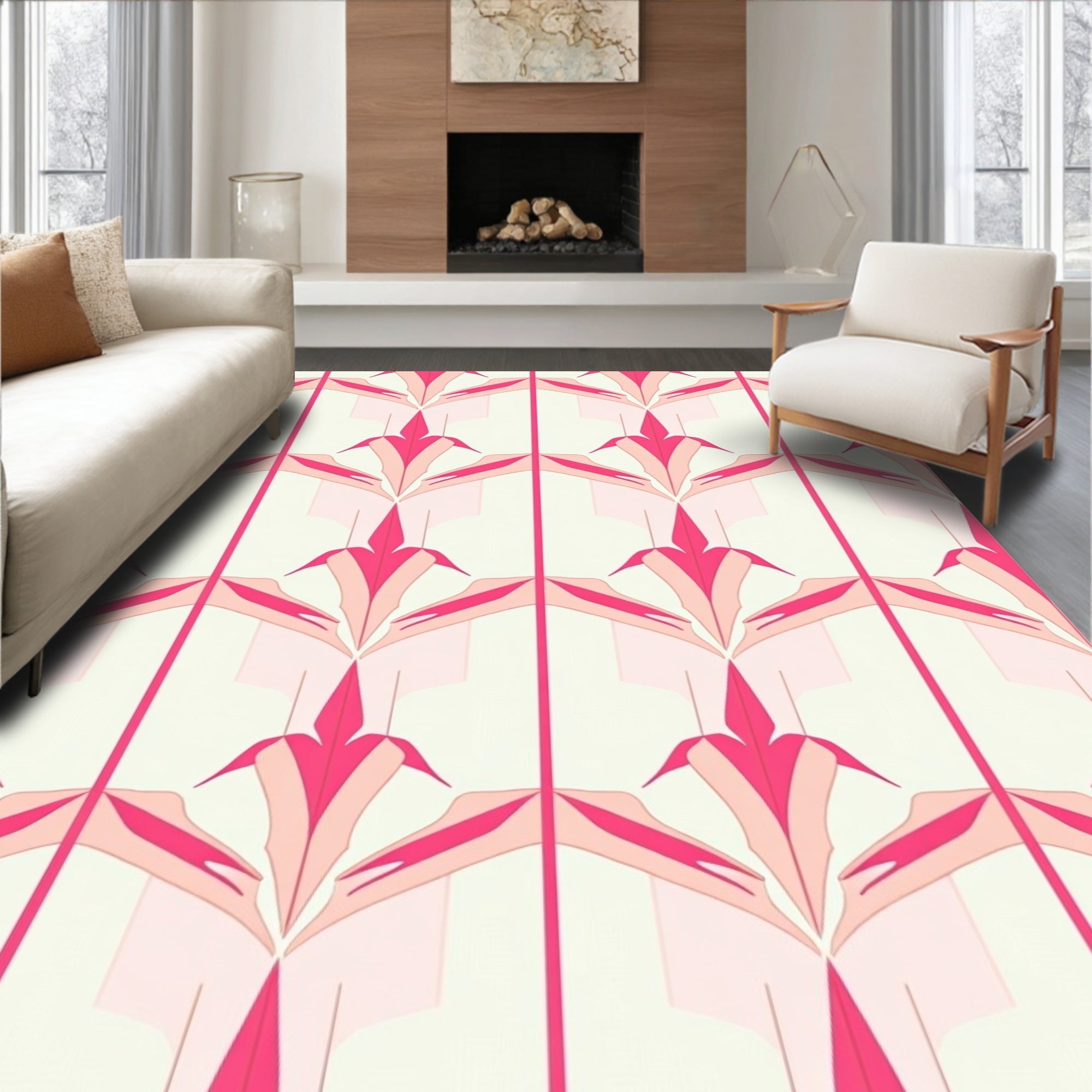 Art Deco Inspired Pink Geometric Pattern Rug