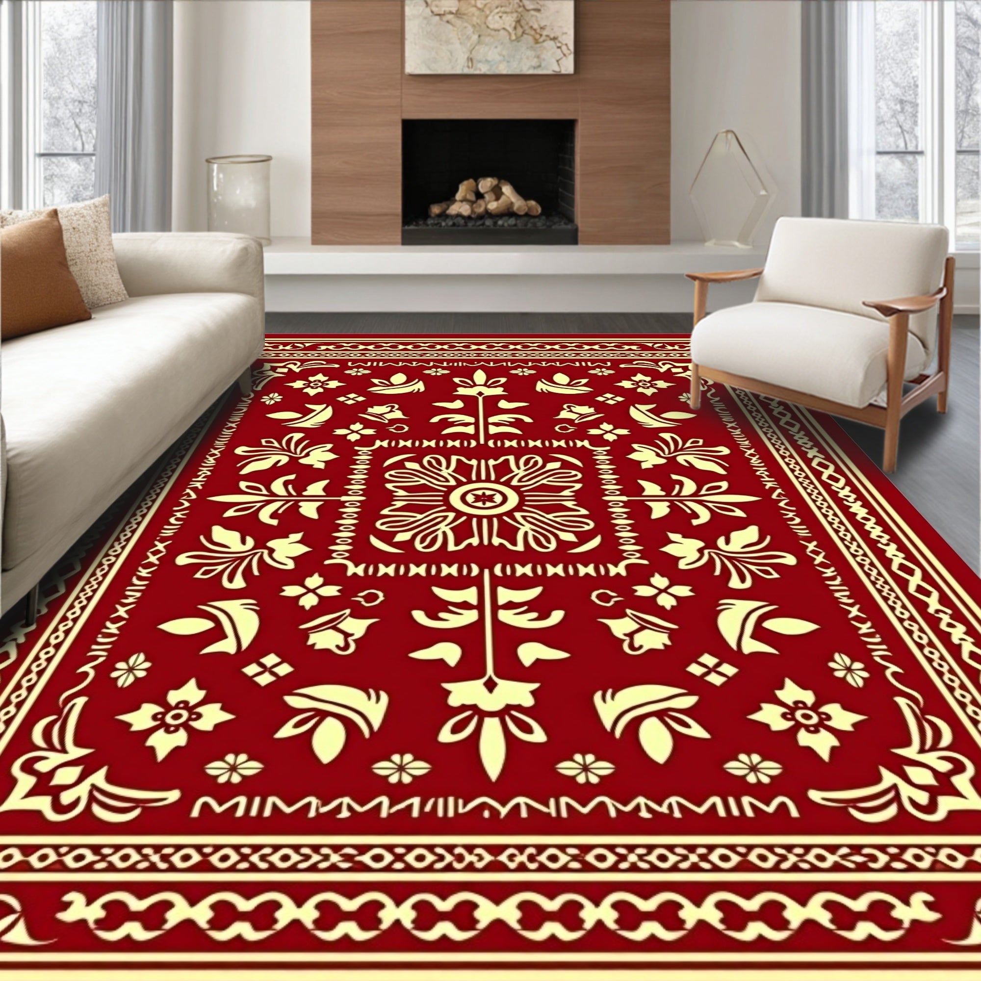 Deep Red Ivory Floral Motif Rug