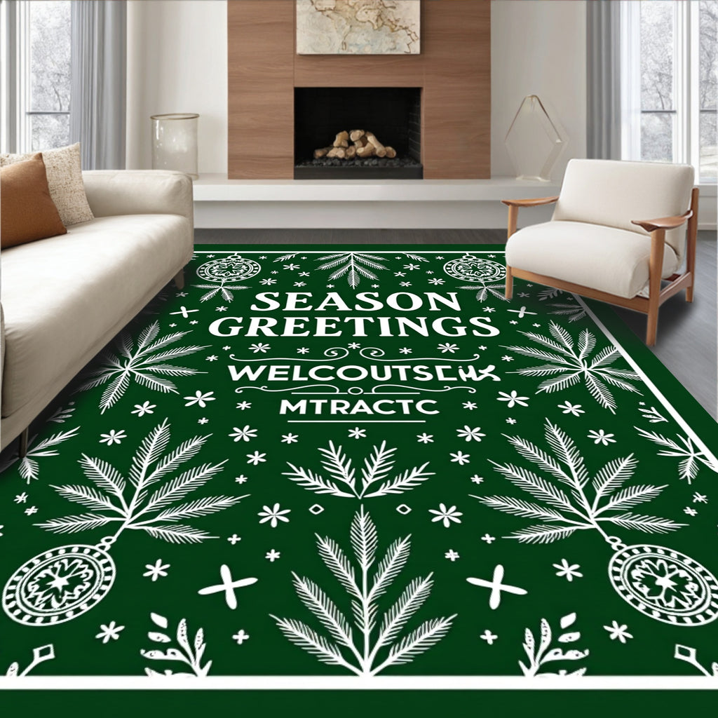 Green White Festive Foliage Ornaments Rug