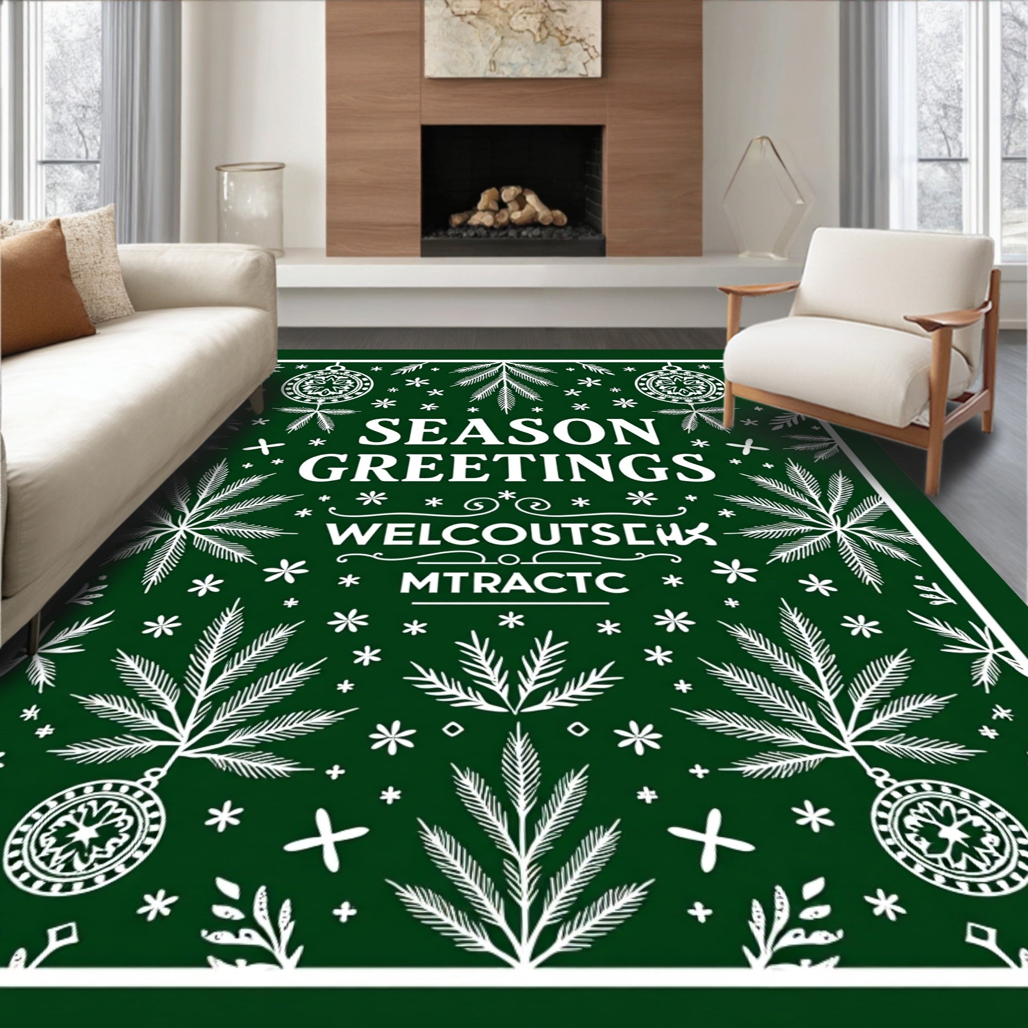 Green White Festive Foliage Ornaments Rug