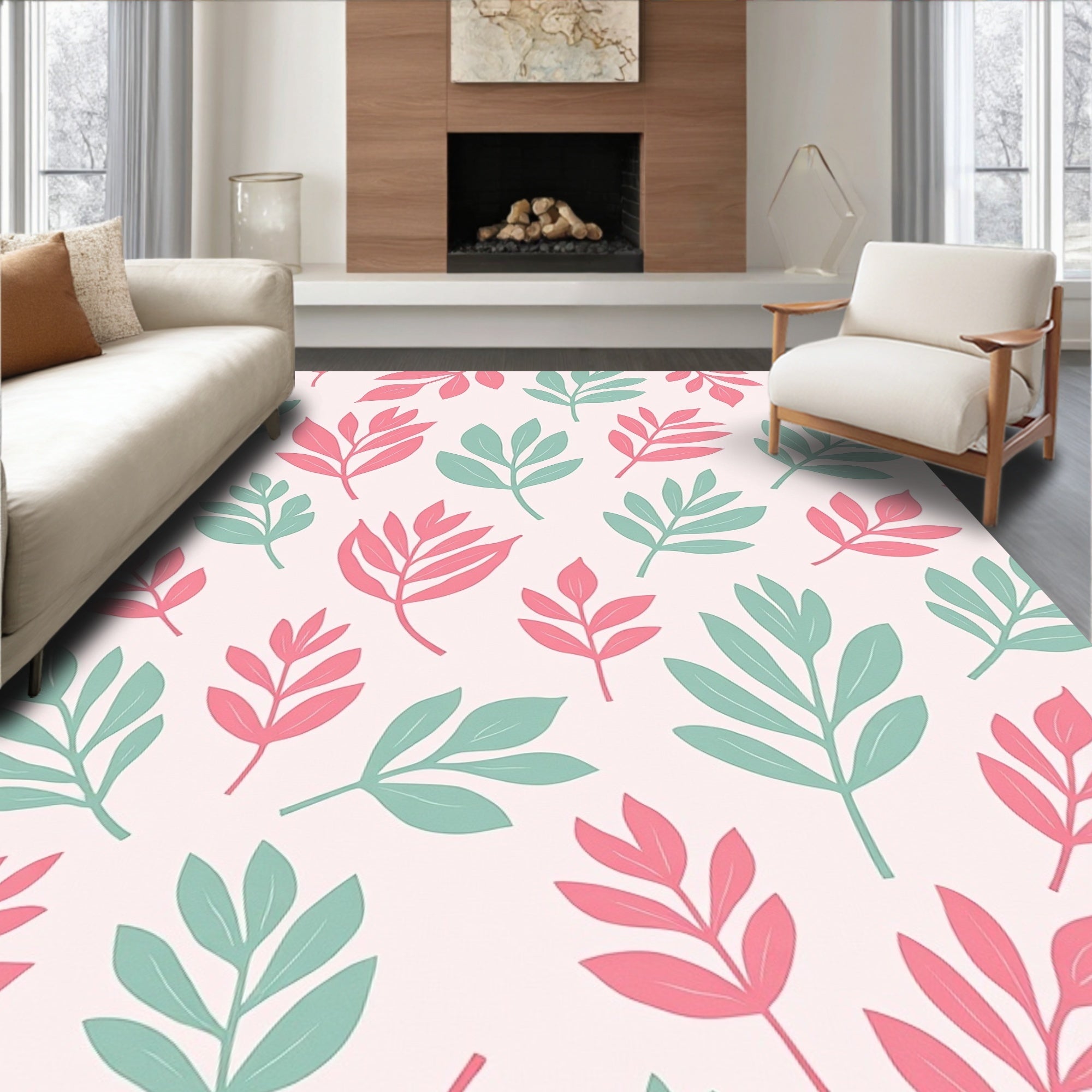 Pink And Teal Leaf Pattern Design Rug