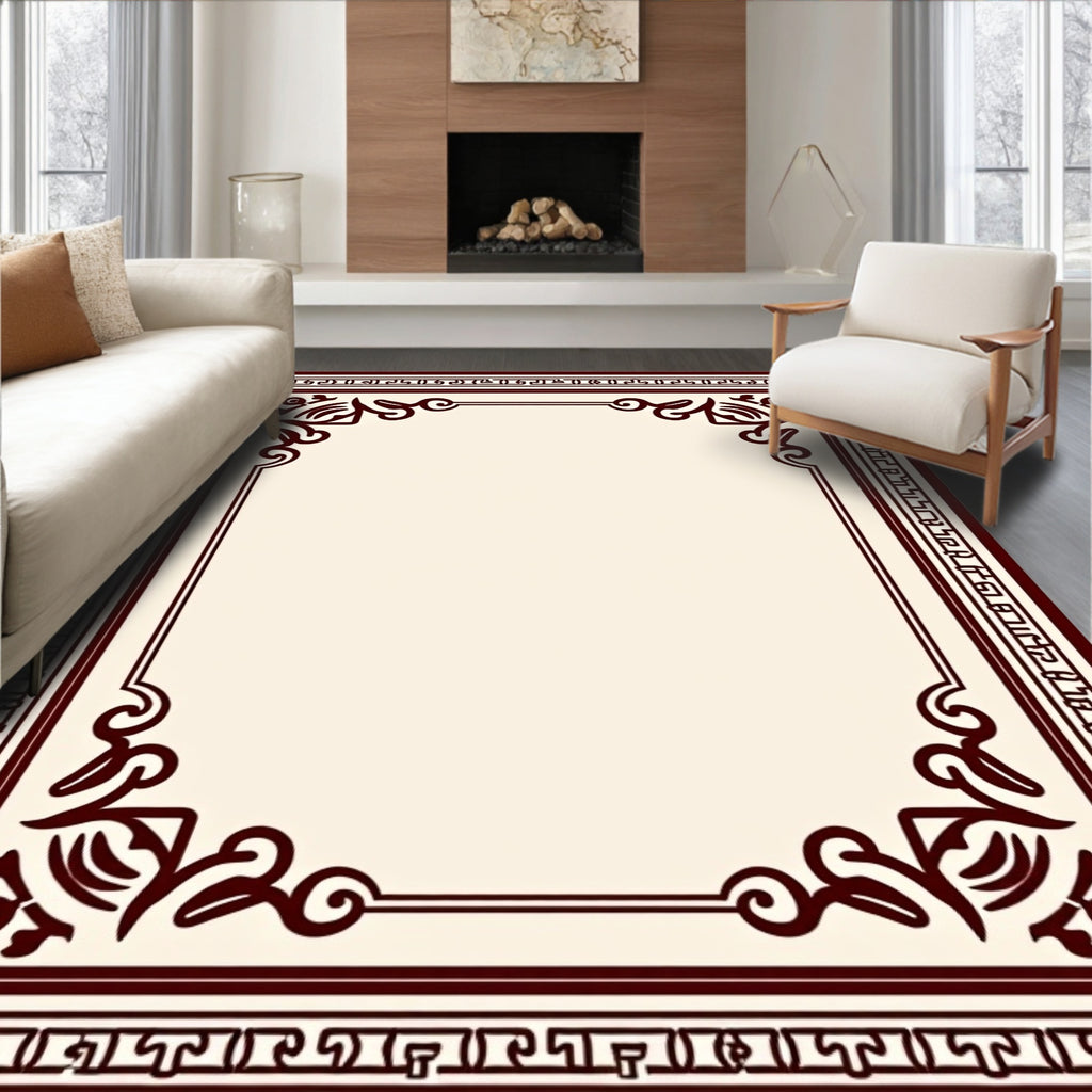 Elegant Maroon Scroll Border Pattern Rug