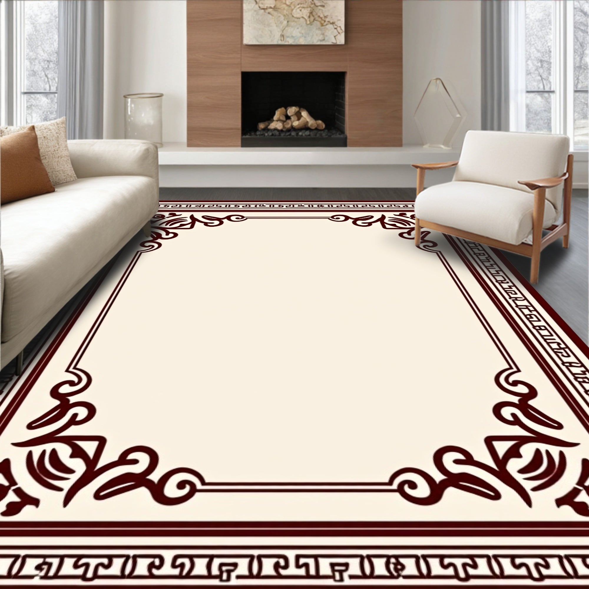 Elegant Maroon Scroll Border Pattern Rug
