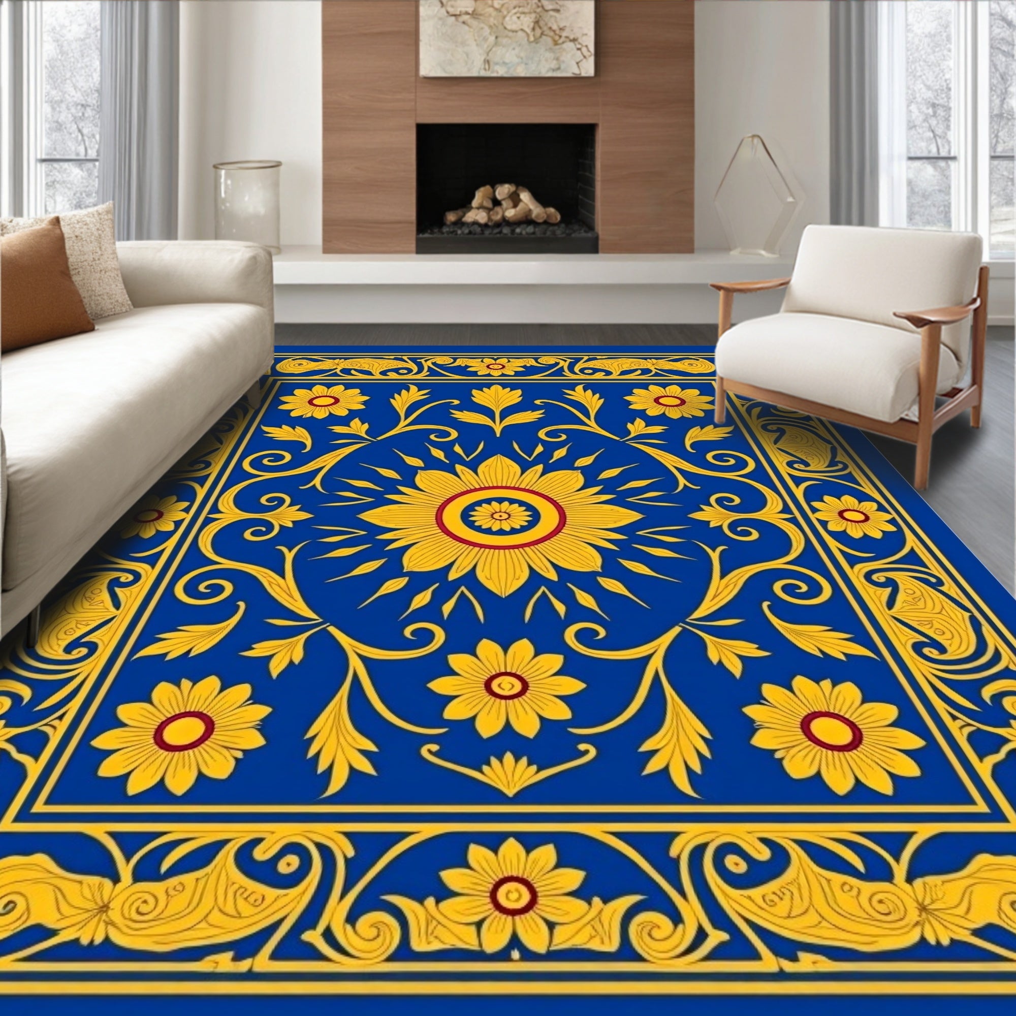 Vibrant Floral Patterned Blue Rug