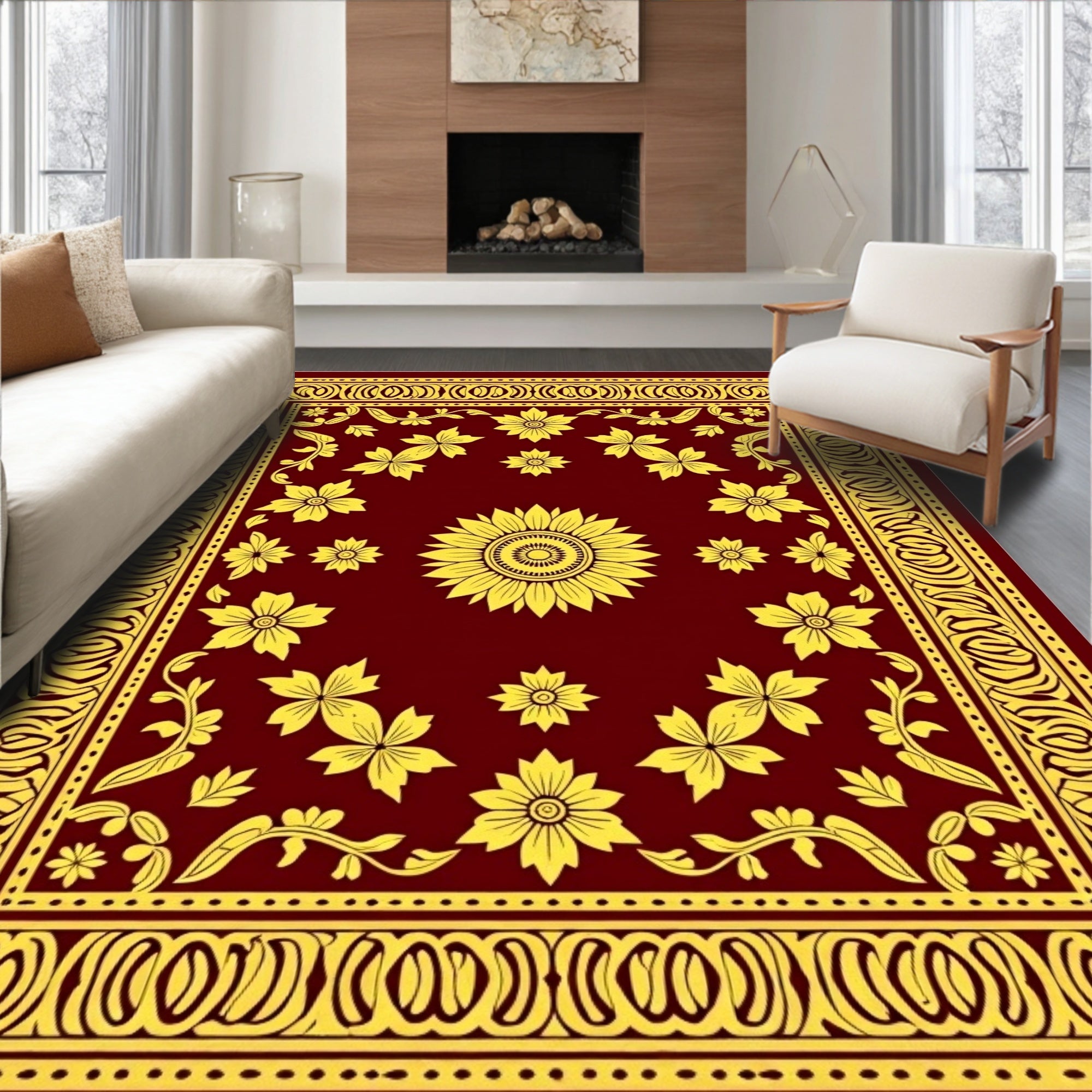 Rich Floral Bordered Sunflower Design Rug