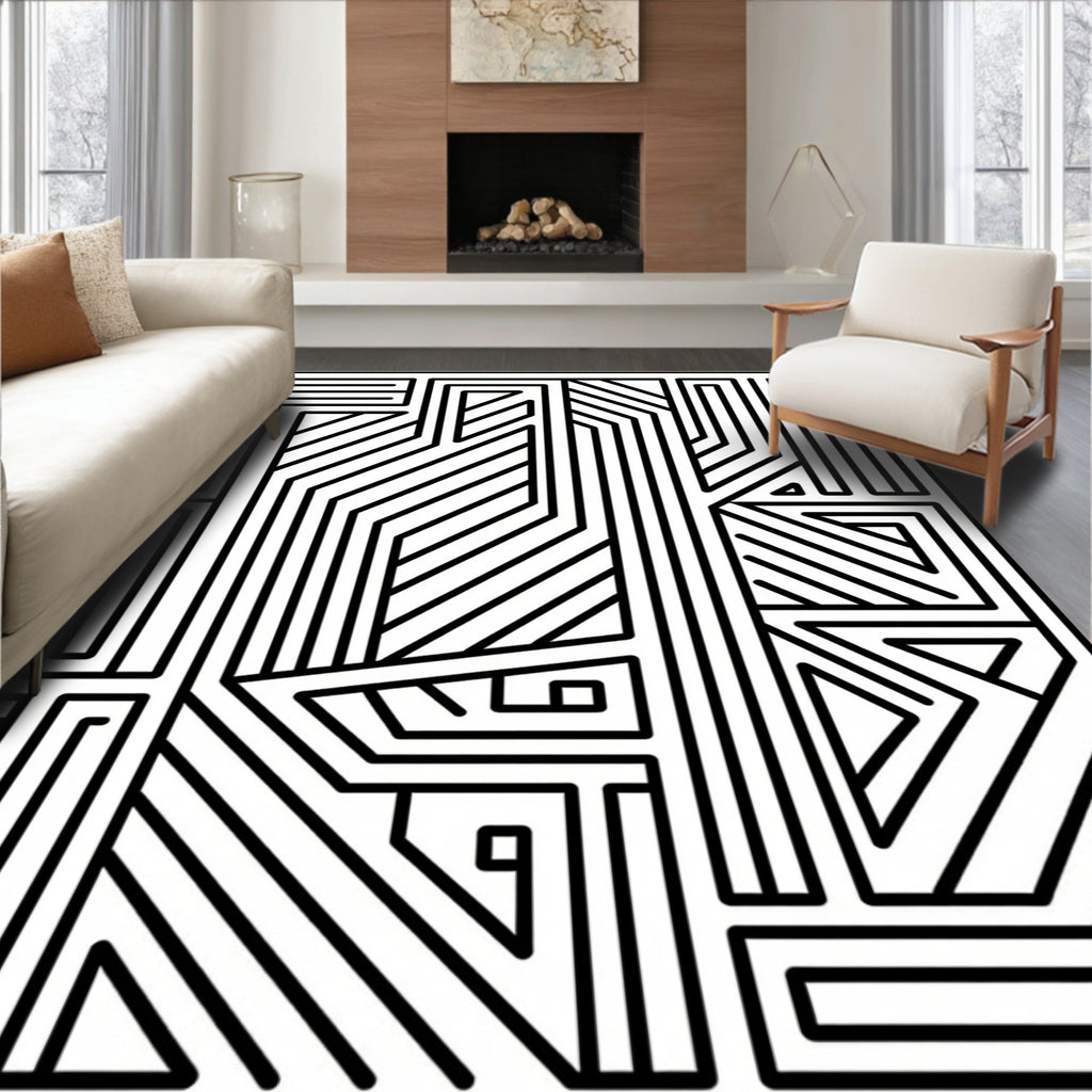 Abstract Black White Geometric Maze Pattern Rug