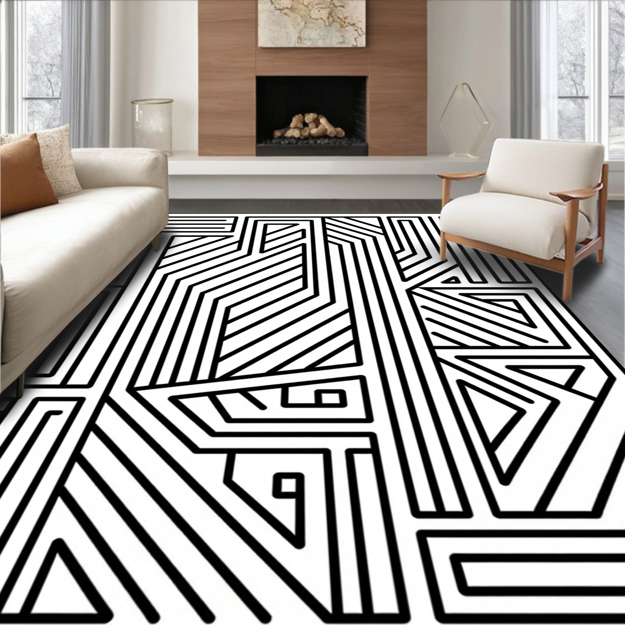 Abstract Black White Geometric Maze Pattern Rug