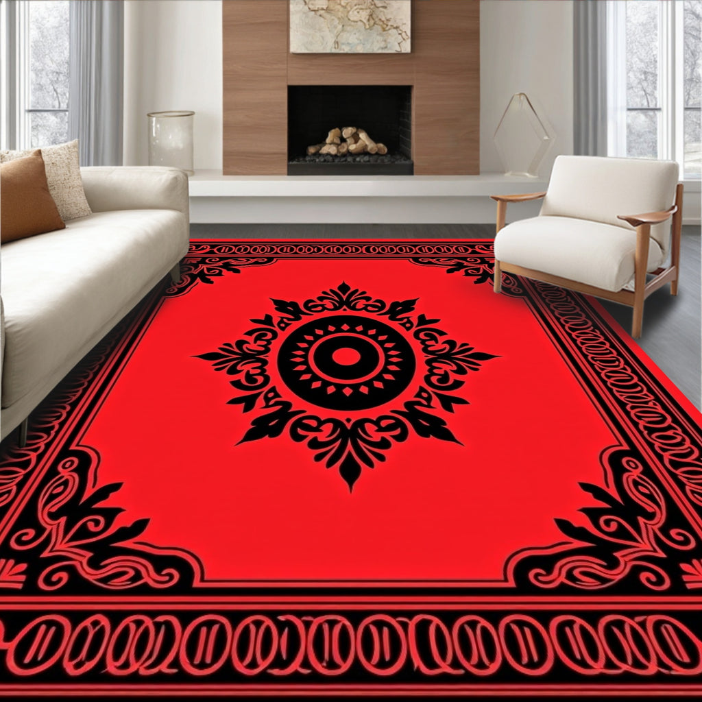 Bold Red Black Ornamental Arabesque Rug