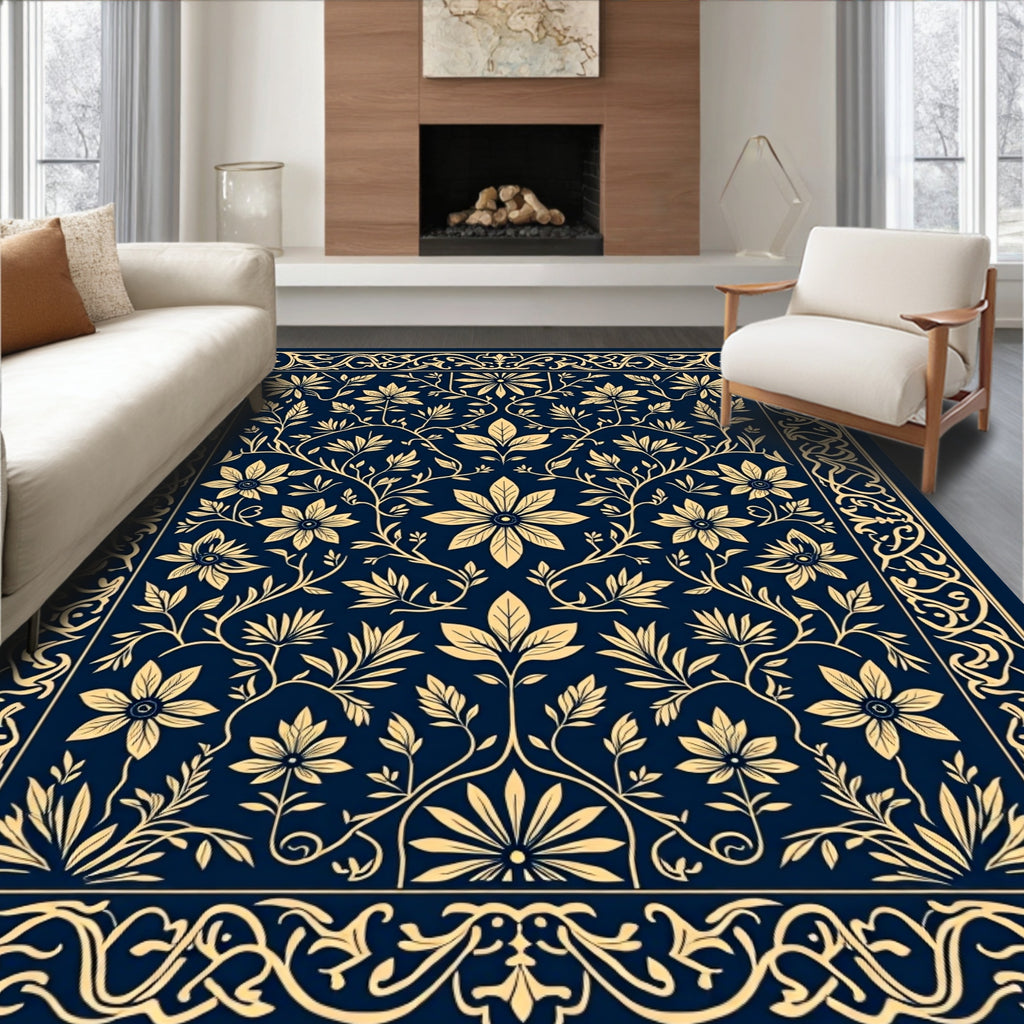Navy Gold Floral Vine Design Rug