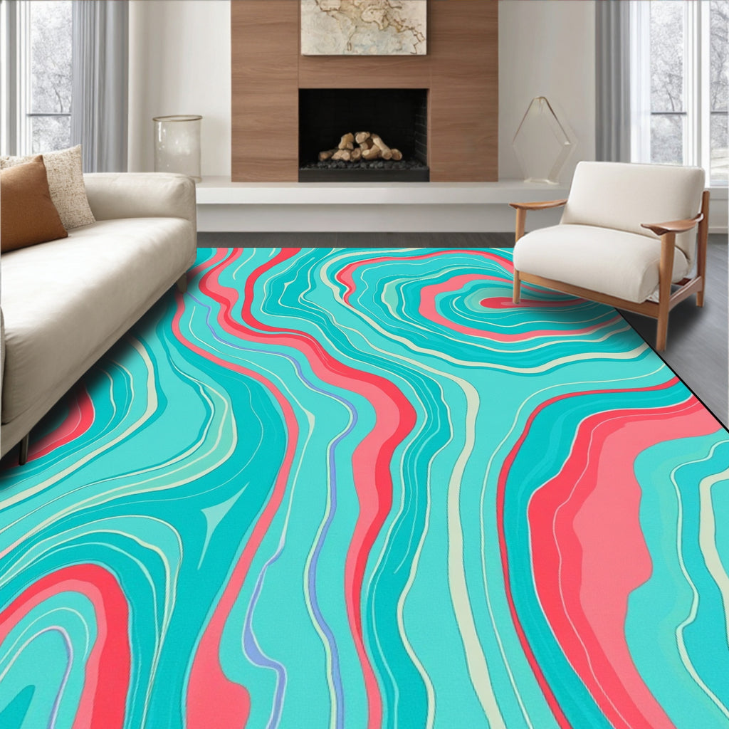 Aqua Coral Swirl Stripe Pattern Design Rug