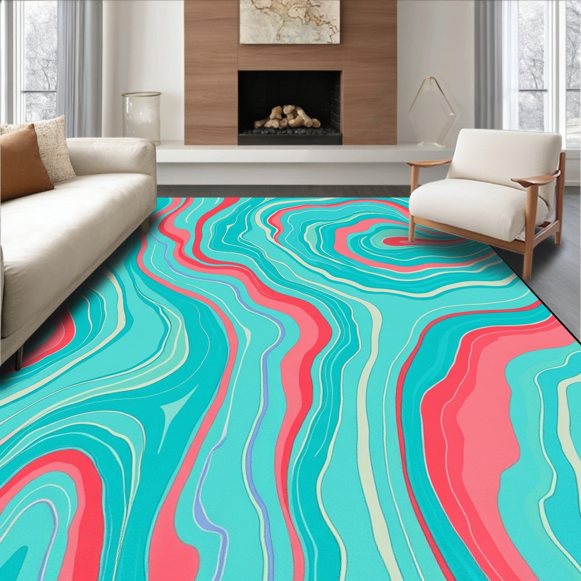 Aqua Coral Swirl Stripe Pattern Design Rug