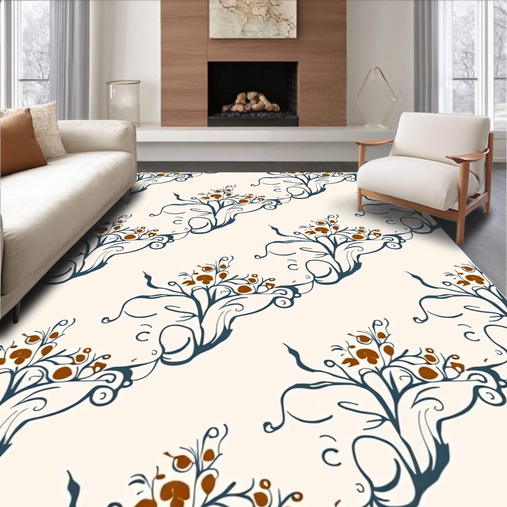 Brown Leafy Swirl Pattern Rug