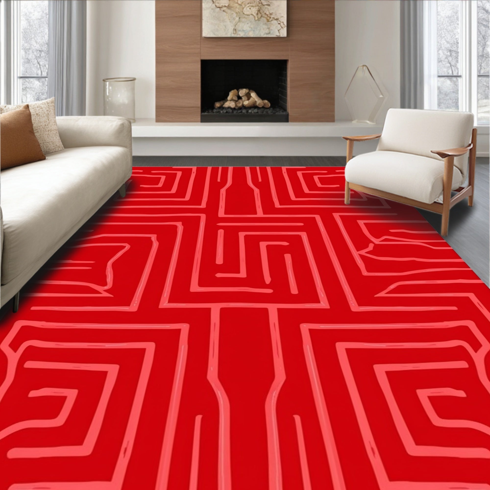 Geometric Labyrinth Red Pattern Rug