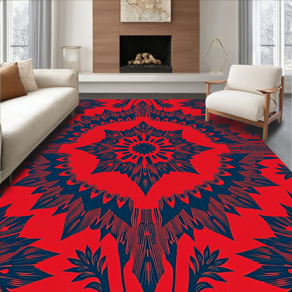 Intricate Floral Mandala Red Blue Rug