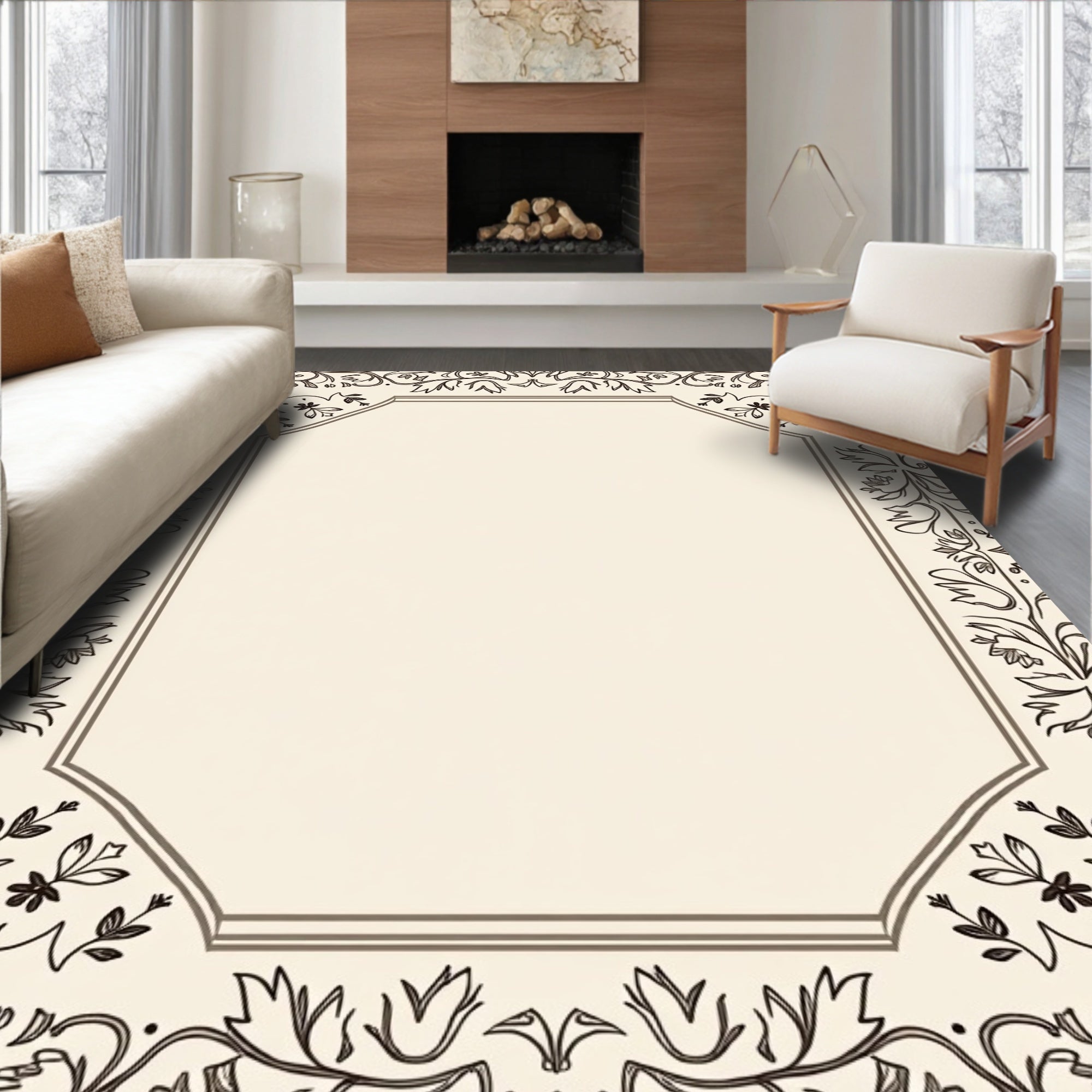 Ornate Floral Leaf Border Design Rug