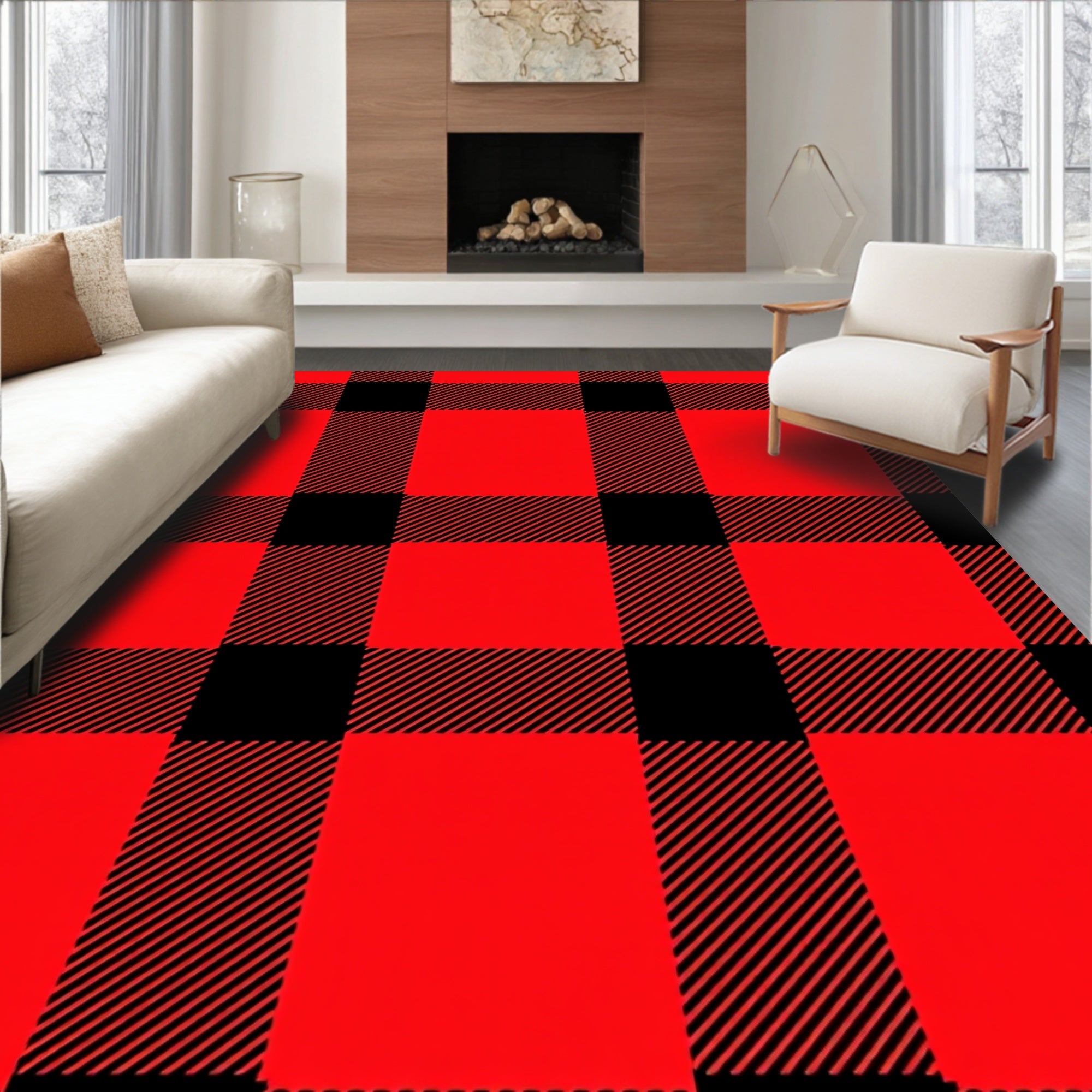 Classic Red Black Buffalo Check Pattern Rug