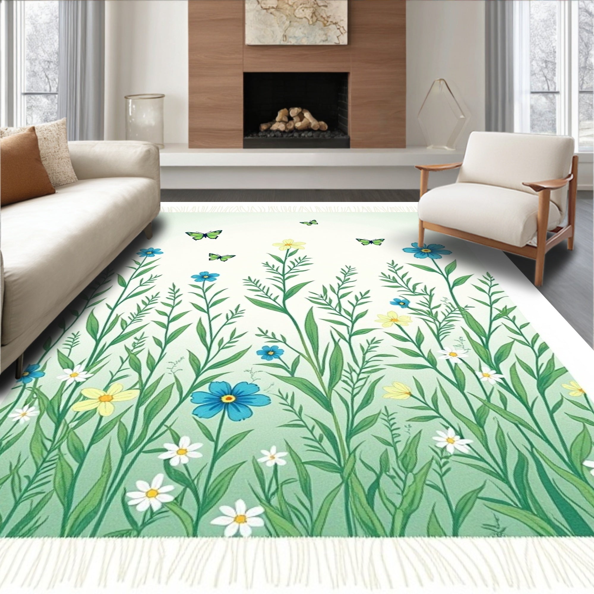 Spring Meadow Floral Butterfly Rug