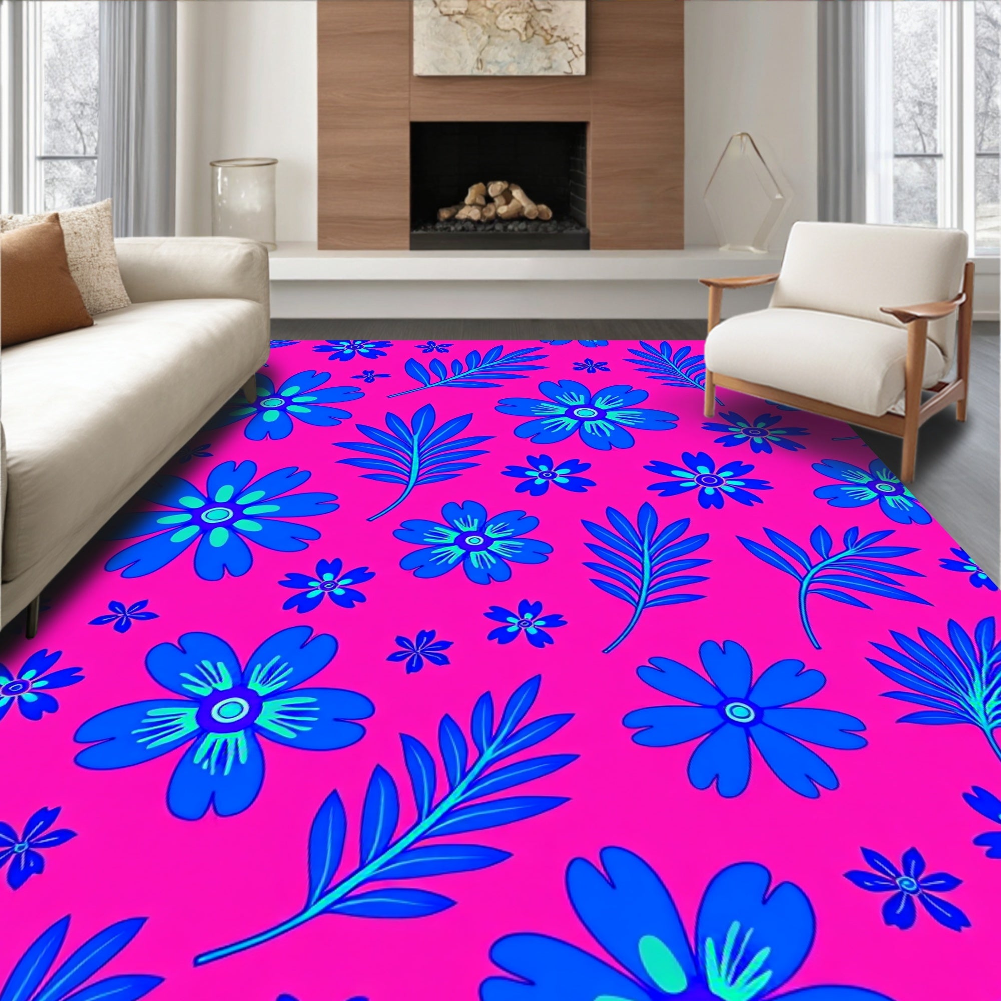 Bold Blue Floral Tropical Pattern Rug