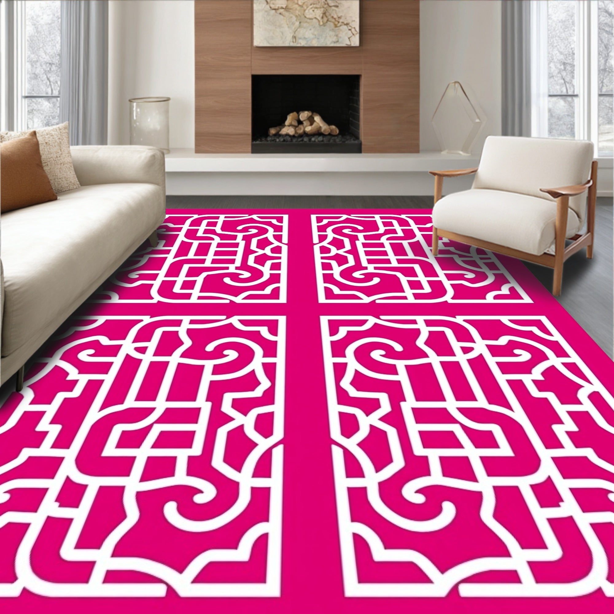 Ornate White Geometric Lattice Design Rug