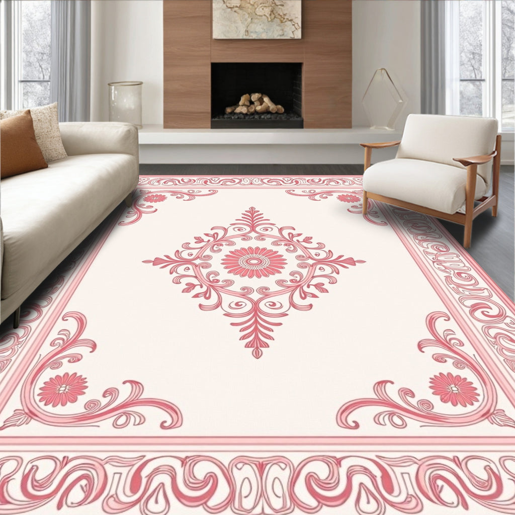Pink Floral Scrollwork Decorative Rug