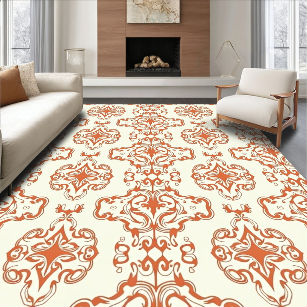Orange White Ornate Scroll Pattern Rug